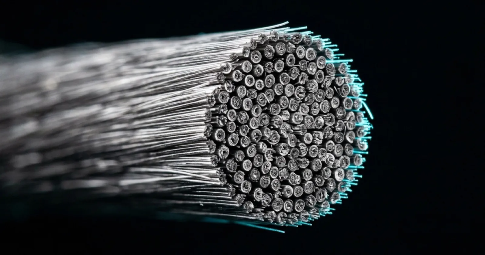 The clean, sharply cut end of a bundle of silver hair strands, edge in focus, on a black background.