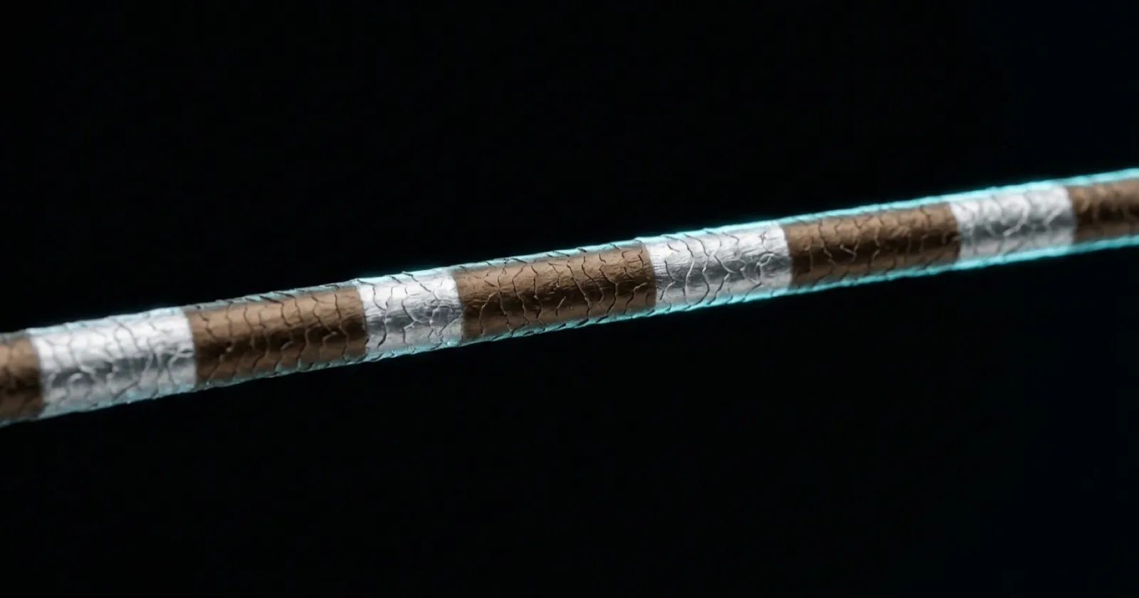 A single hair strand with clear bands of silver and brown along its length, on a black background.