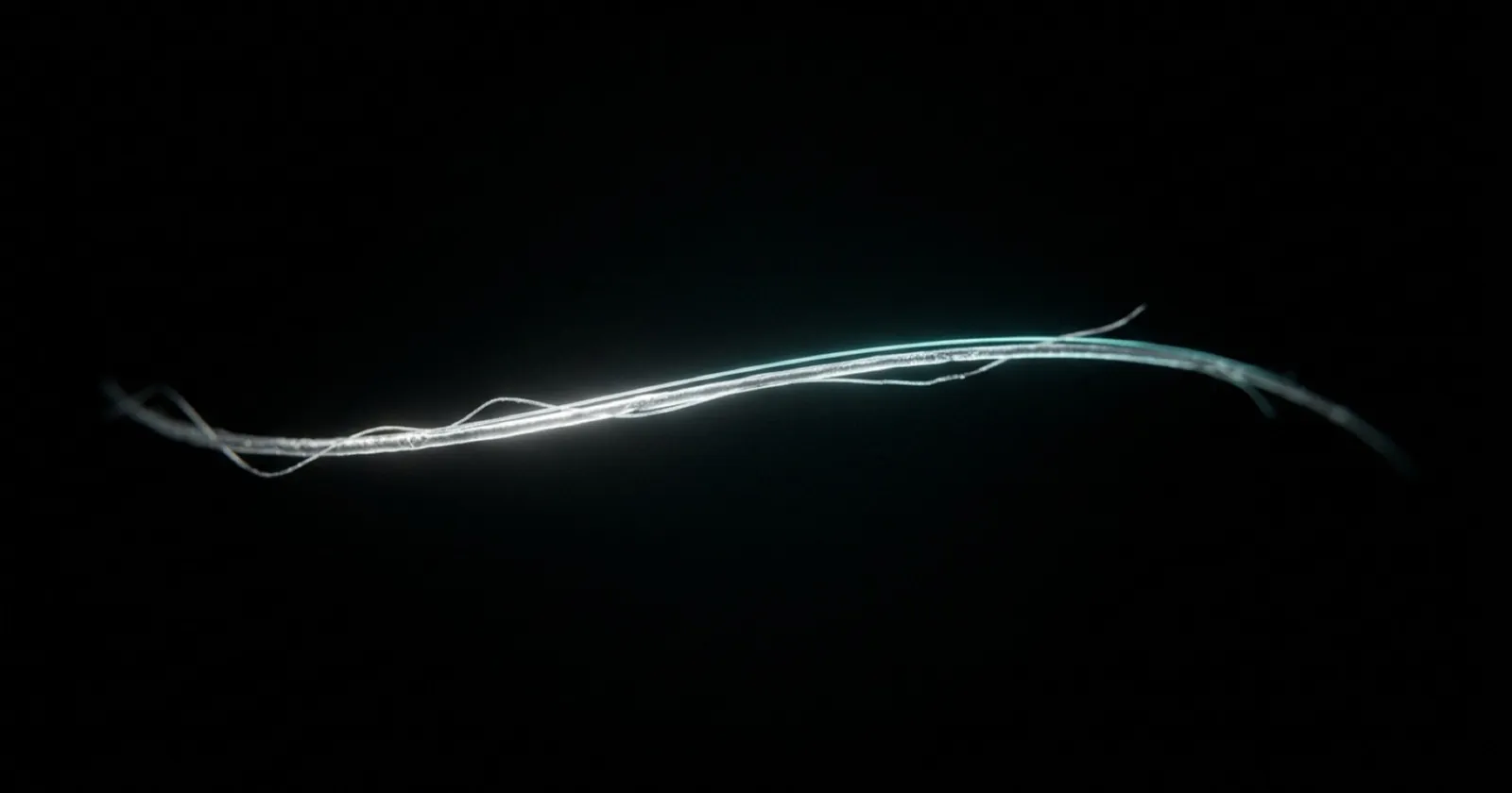 A single silver hair strand glowing faintly from within, floating in black space.