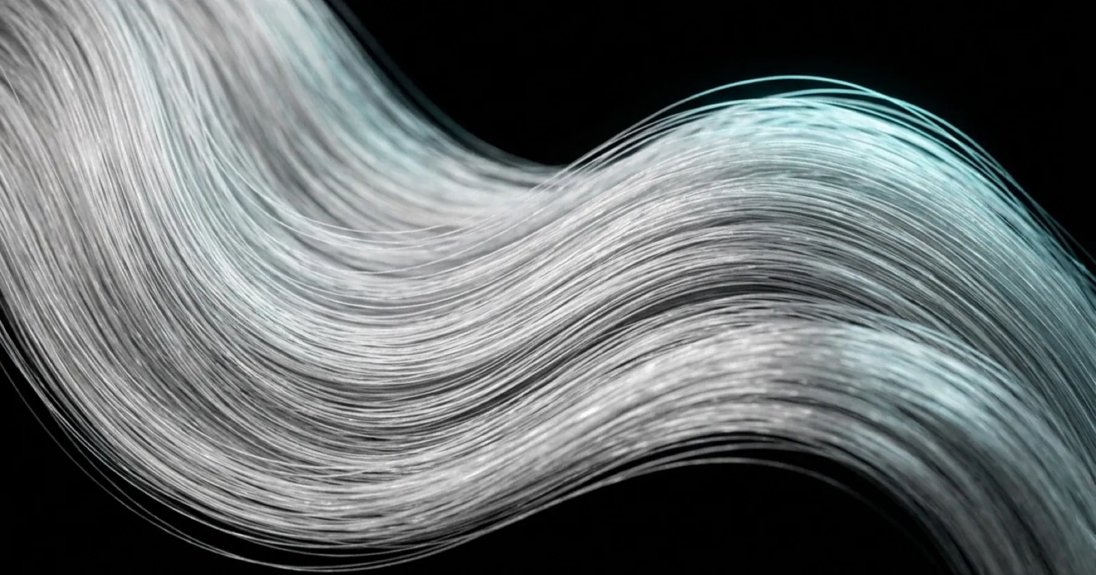 A soft wave of silver hair strands flowing across a black background.